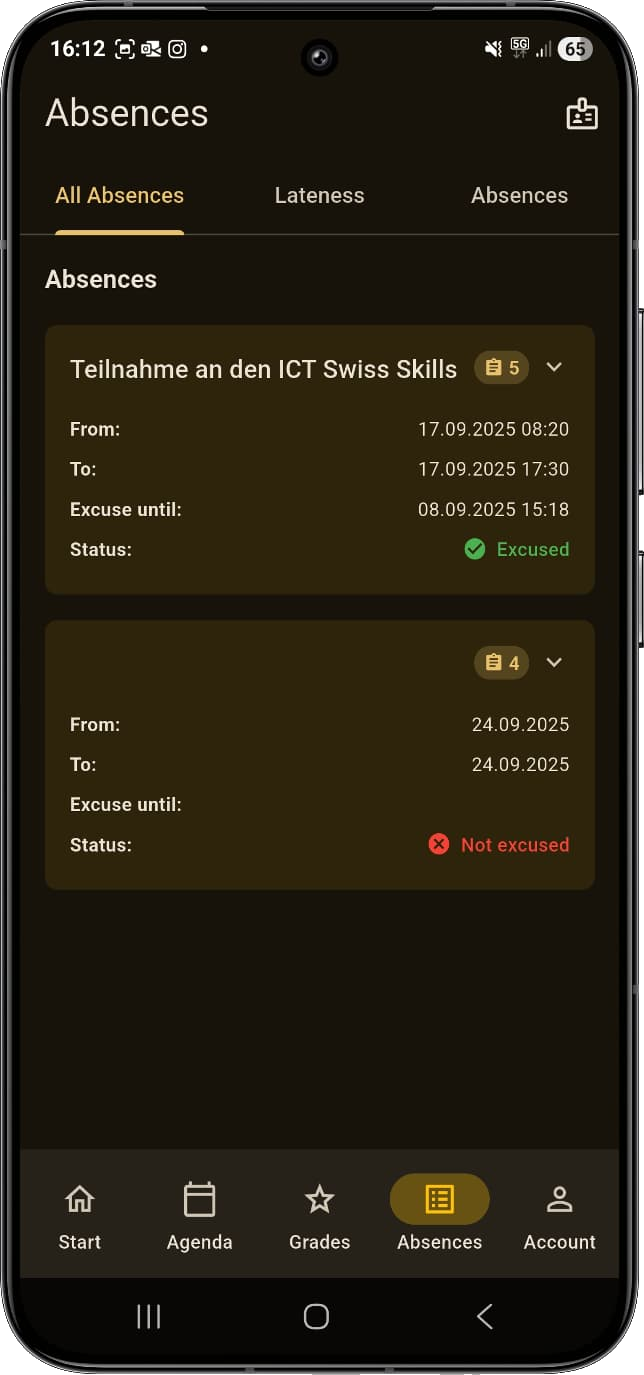 Schuly absences page — excused and unexcused list