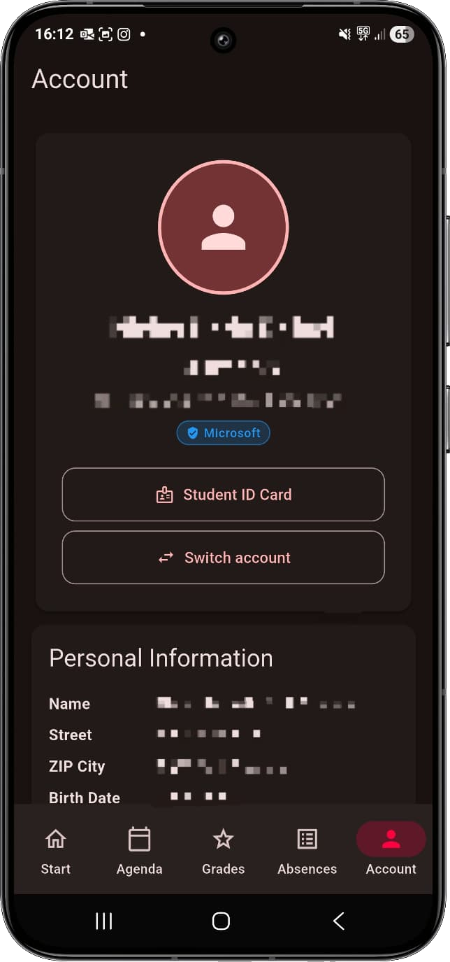Schuly account page — profile and multi-school switcher
