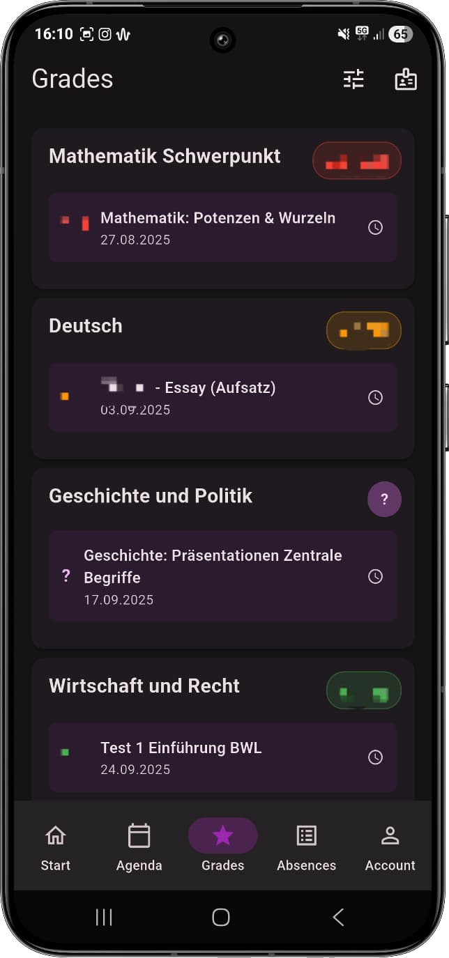 Schuly grades page — subject averages and trend chart
